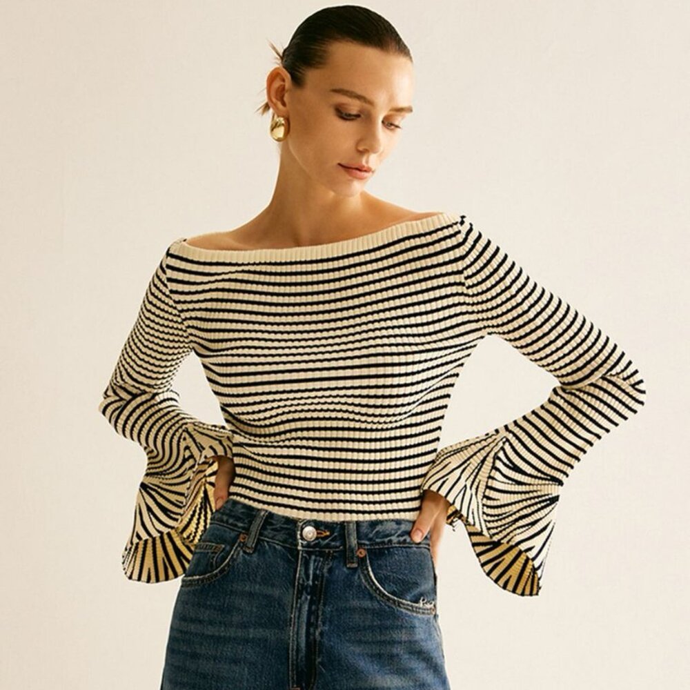 Commense Striped Ruffle-Sleeve Knit Top XS